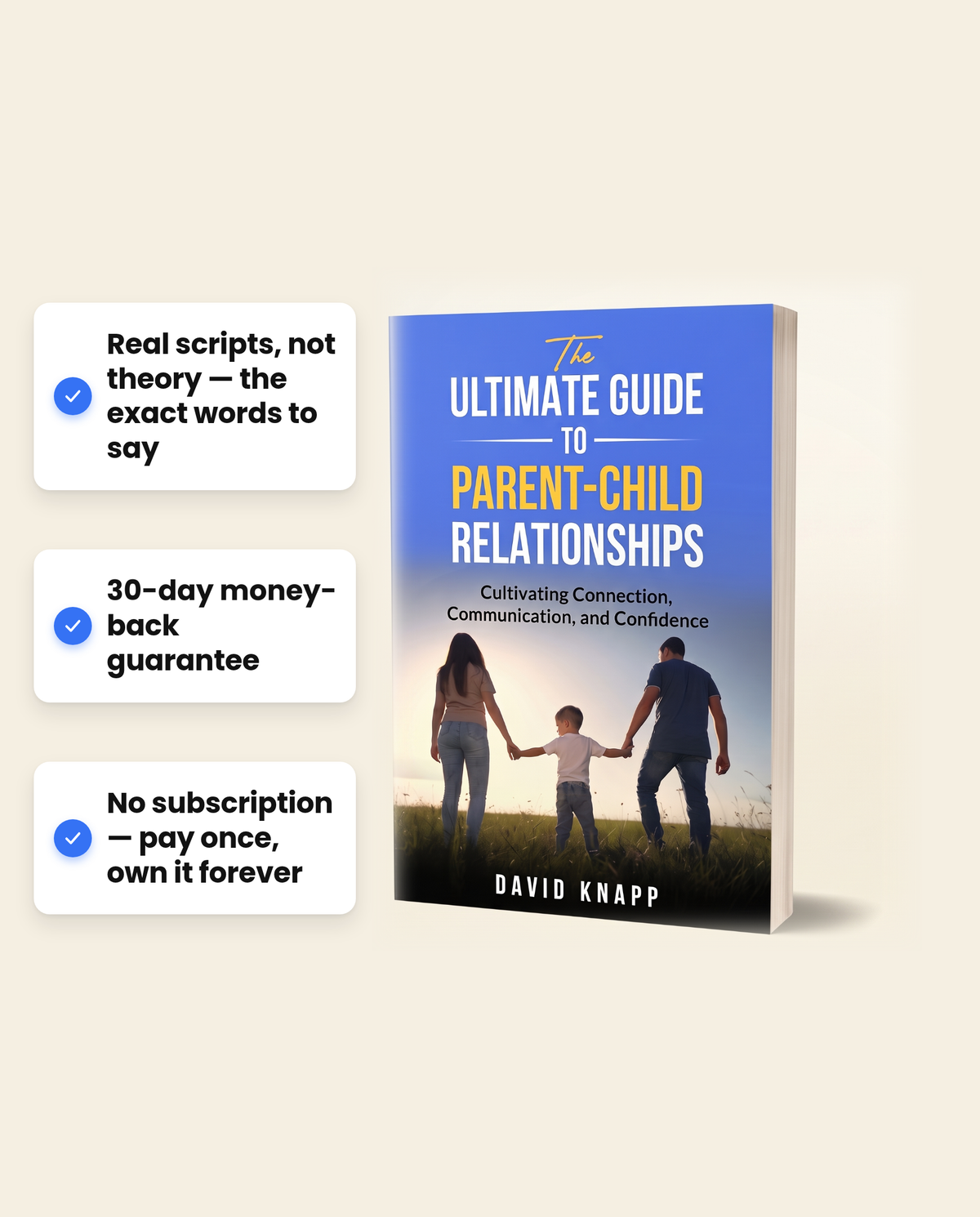 Benefits panel showing real scripts, audiobook, and bonus PDFs included in The Ultimate Guide to Parent-Child Relationships