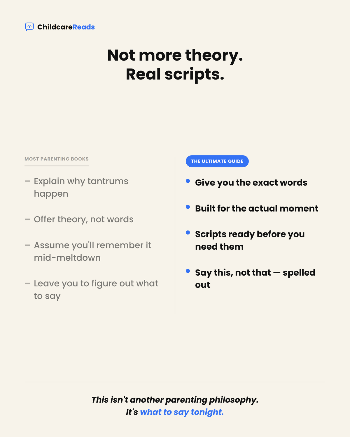 Comparison of most parenting books versus The Ultimate Guide real scripts approach